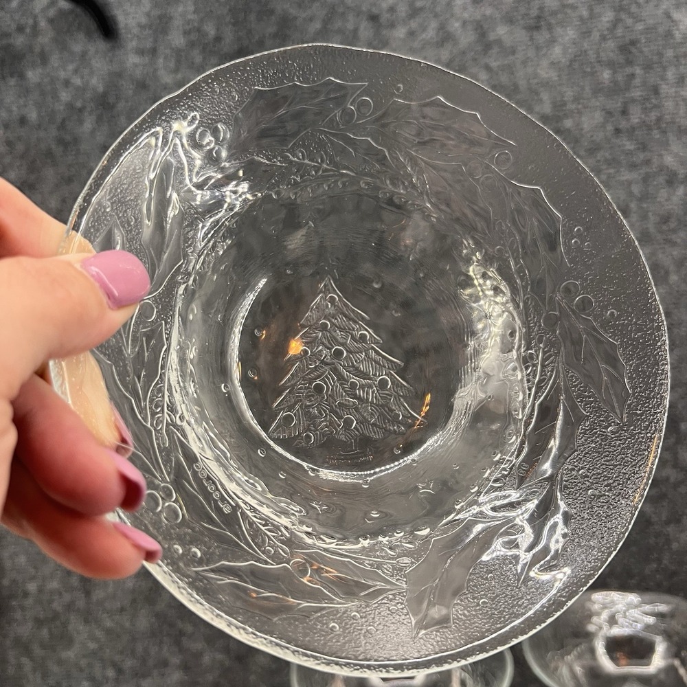 3 Arcoroc Holly Tree 6.5" Cereal Bowls Clear Pressed Glass Christmas Tree